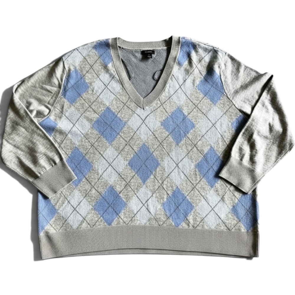 Halogen Mens Argyle V-Neck Sweater Blue Grey Wool Blend Knit 3X XX7502